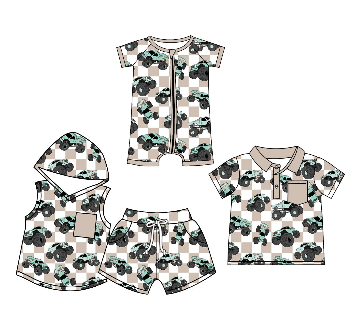 Baby Boy Short Sleeves Trucks Checked Sibling Romper Set ( Moq 5 Each Style ) 12.20