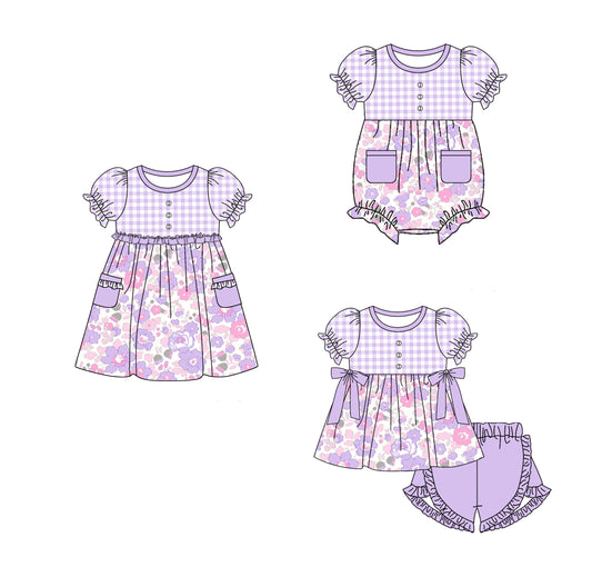 Baby Girl Short Sleeves Flower Purple Sibling Romper Clothes Set ( Moq 5 Each Design )11.21