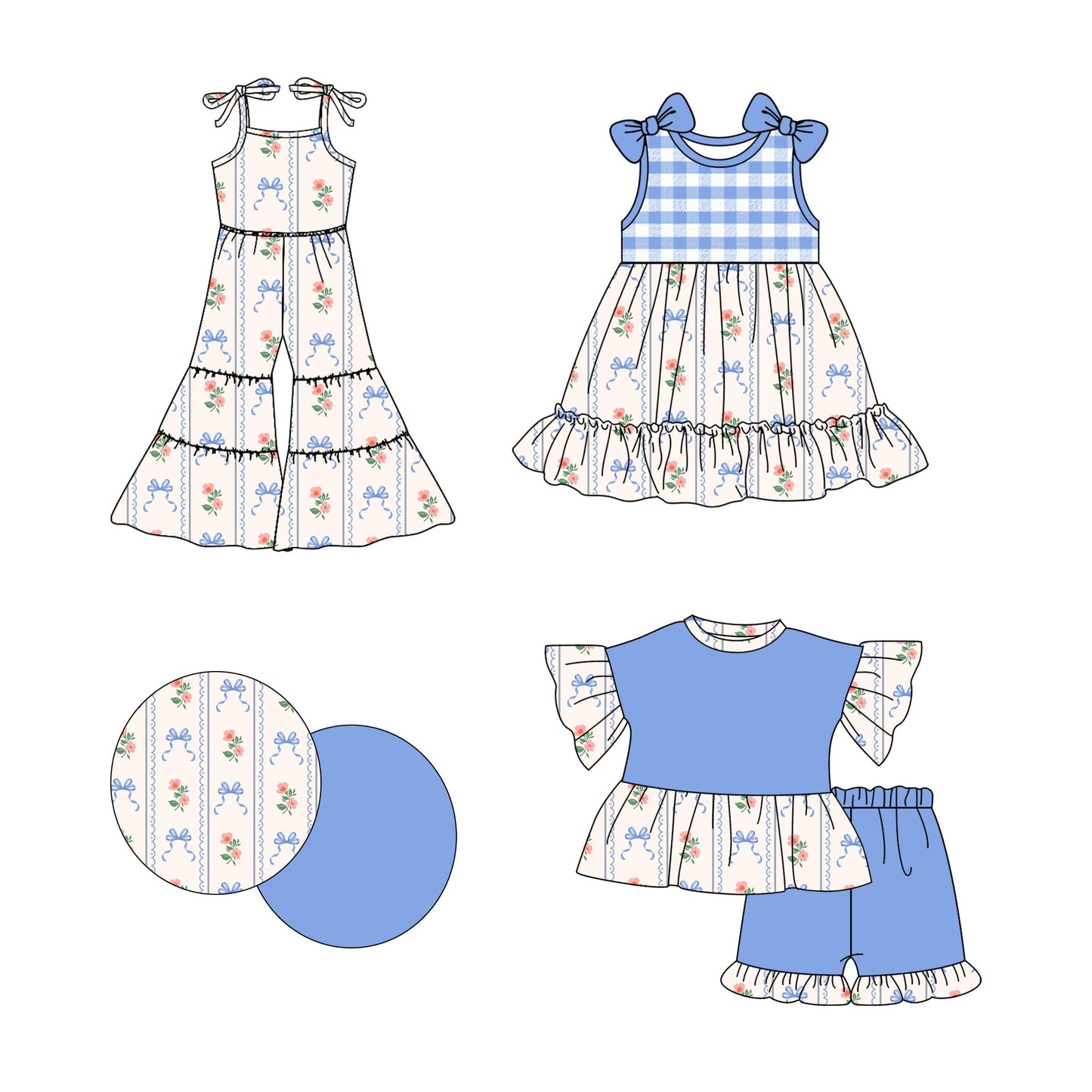 Baby Girl Flower Blue Bows Sibling Jumpsuit Dress Set ( Moq 5 Each Style ) 2.21
