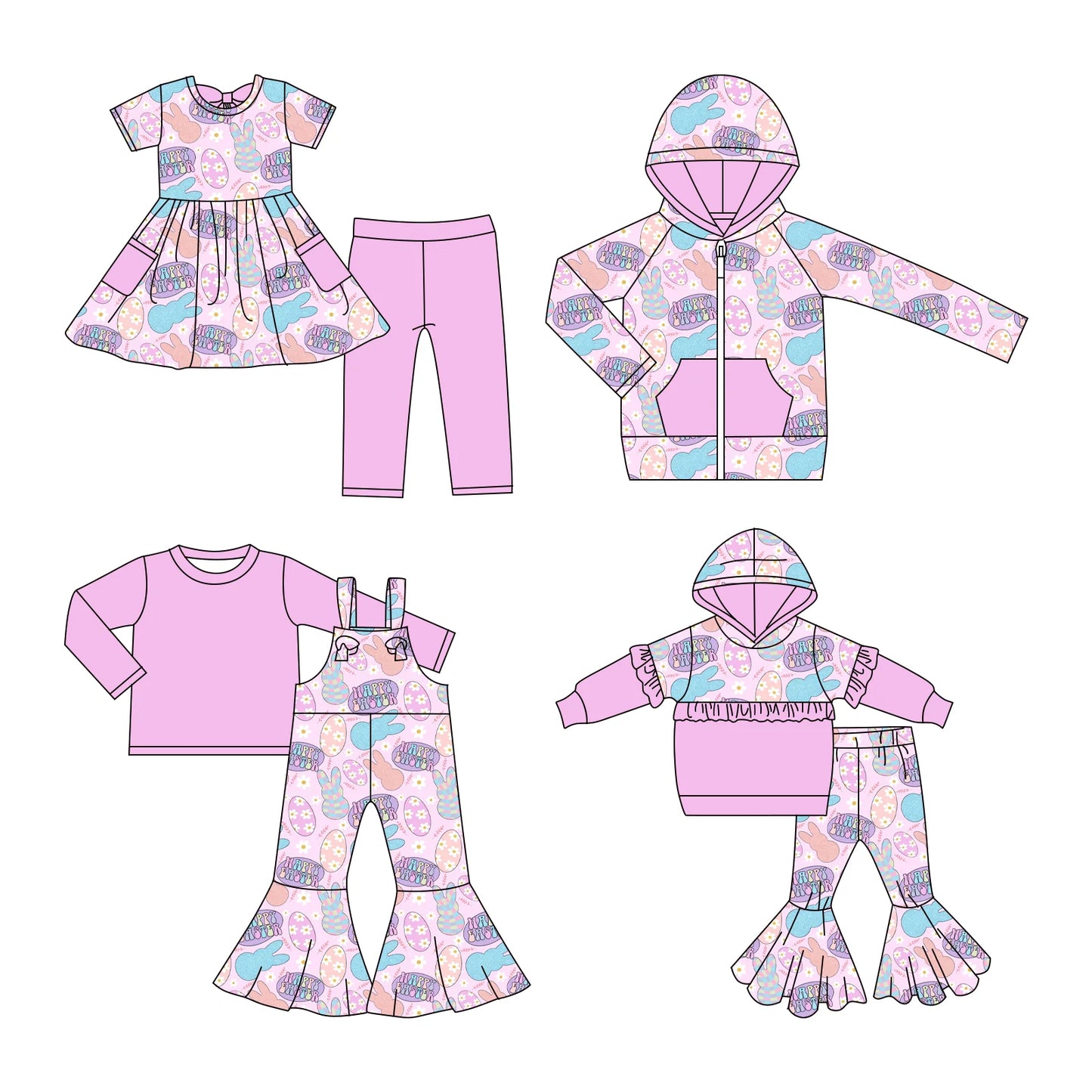 ( Moq 5 Each Style ) Baby Girls Kids Rabbits Eggs Flower Easter Sibling Hoodie Shirt Sets