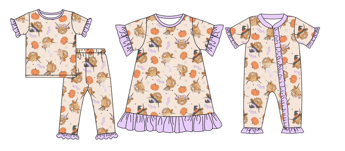 ( Moq 5 Each Style ) Baby Girl Short Sleeves Cow Pumpkins Halloween Sibling Romper Dress Set 4.25
