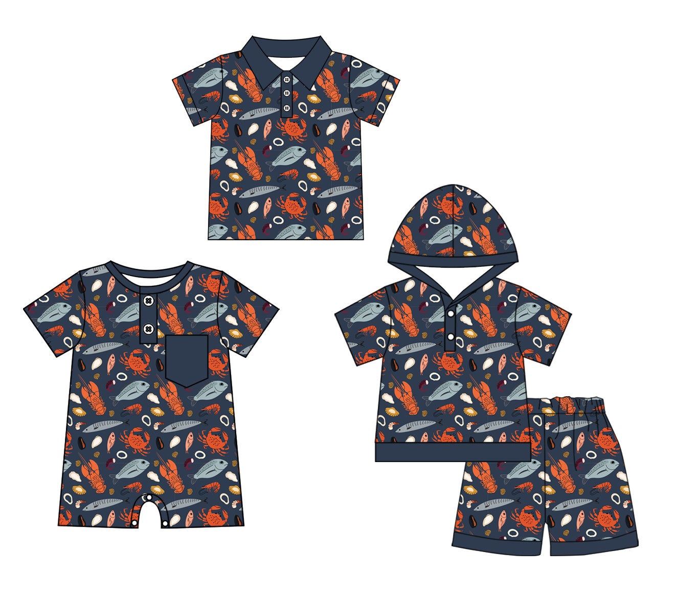 Baby Boy Short Sleeves Crawfish Sibling Romper Clothes Set ( Moq 5 Each Design )11.28
