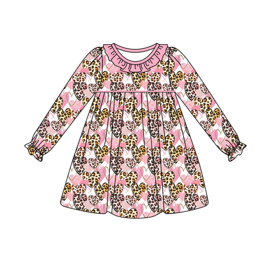 Baby Girl Toddler Long Sleeves Leopard Hearts Valentine Knee Length Dress Moq 5