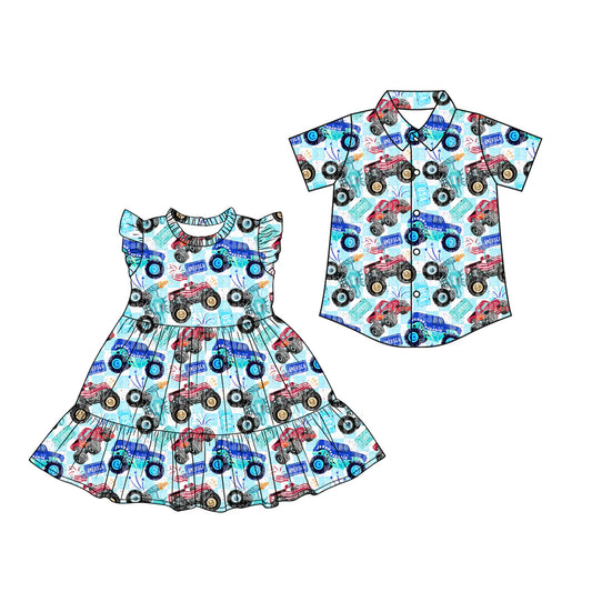 ( Moq 5 Each Style ) Baby Boys Girls Short Sleeves Trucks 4th of July Dress Set