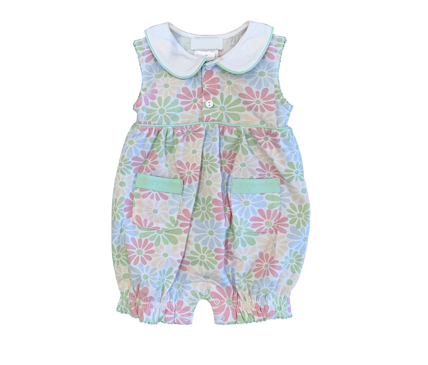 ( Moq 5 ) Preorder Baby Girls Infant Sleeveless Flower Pockets Buttons Romper Clothes