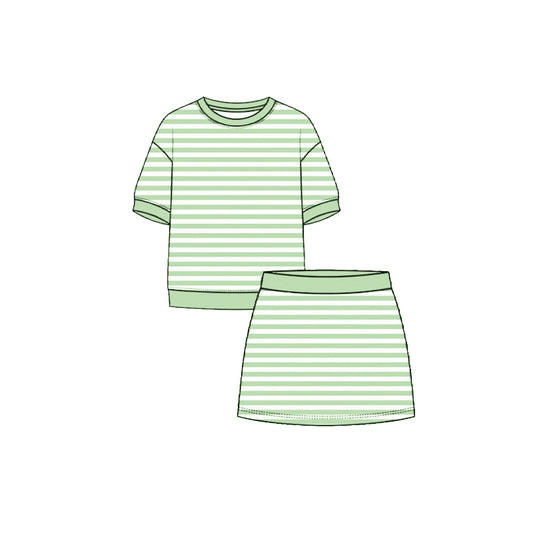 ( Moq 5 ) Preorder Baby Girls Kids Short Sleeves Shirt Green Stripes Skirt Shorts Set Yoga Active Clothes
