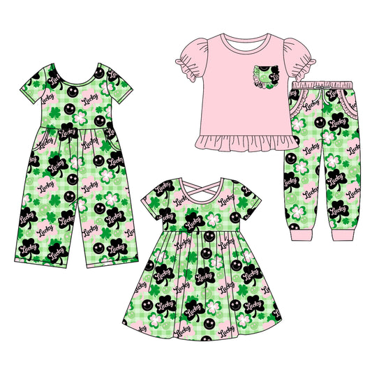 ( Moq 5 Each Style ) Baby Girl Toddler Short Sleeves St. Patrick's Print Sibling Jumpsuit Dress Set