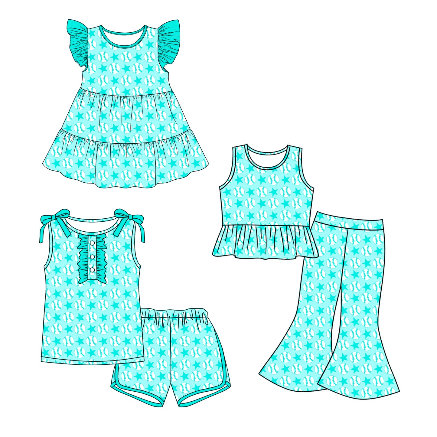 ( Moq 5 Each Style ) Sibling Baby Girls Toddler Baseball Stars Blue Green Dress Sets