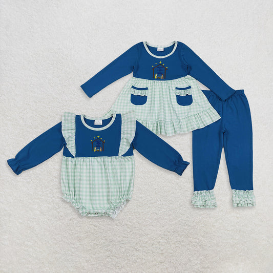 Sibling Girls Kids Long Sleeves Embroidery Nativity Plaid Pockets Christmas Romper Set RTS