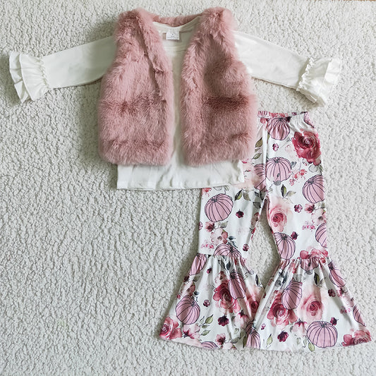 Baby Girl Kids Pumpkin Pants Outfit With Pink Vest
