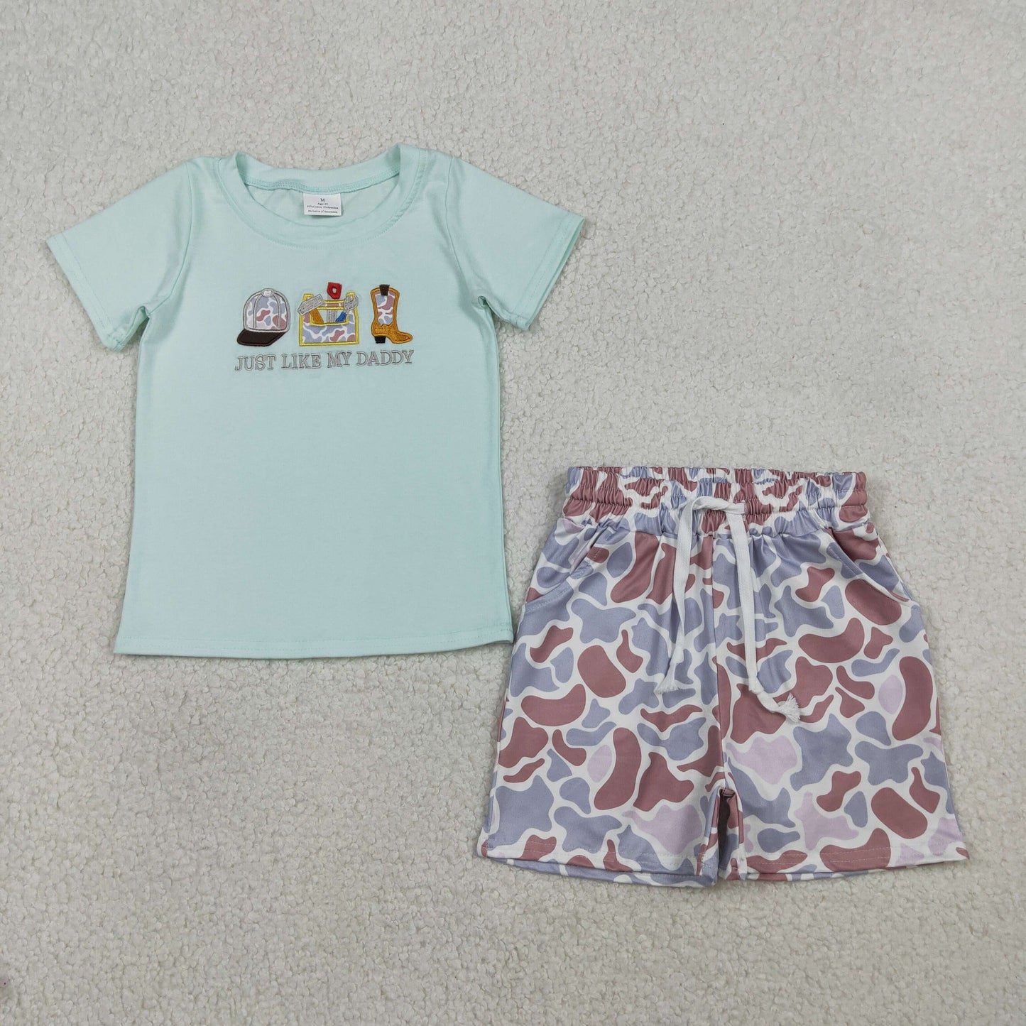 Baby Boys Short Sleeves Embroidery Just Like My Daddy Boots Shirt Camo Pockets Shorts Hunting Set RTS