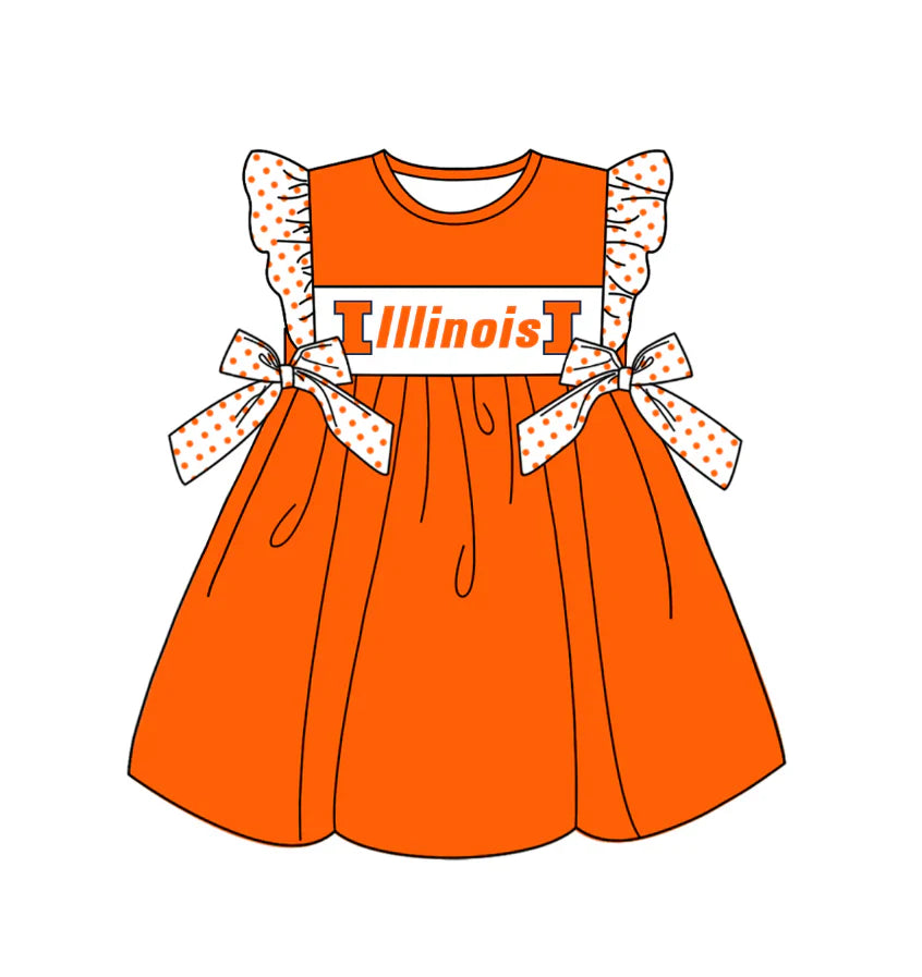 Baby Girl Short Sleeves Bows Team Orange Knee Length Dress ( Moq 5 )