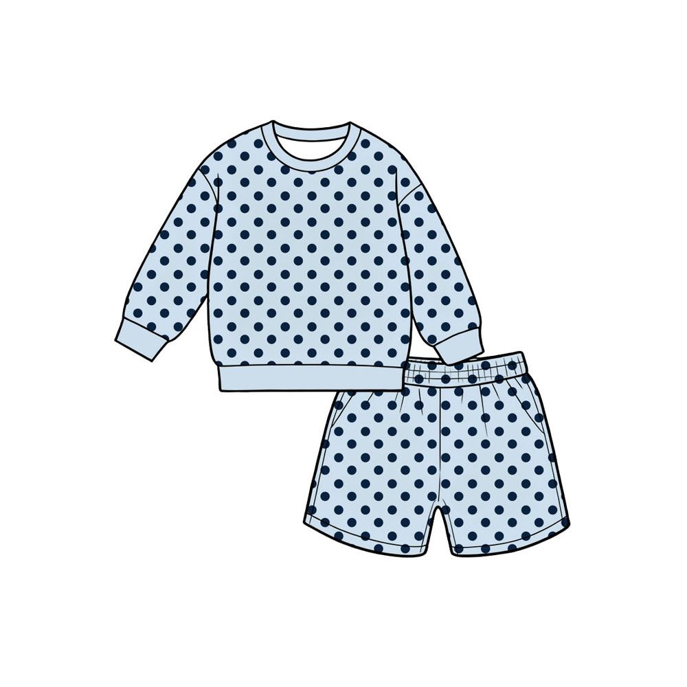 ( Moq 5 ) Preorder Baby Girls Kids Blue Long Sleeves Navy Dots Shirt Pockets Shorts Set Clothes