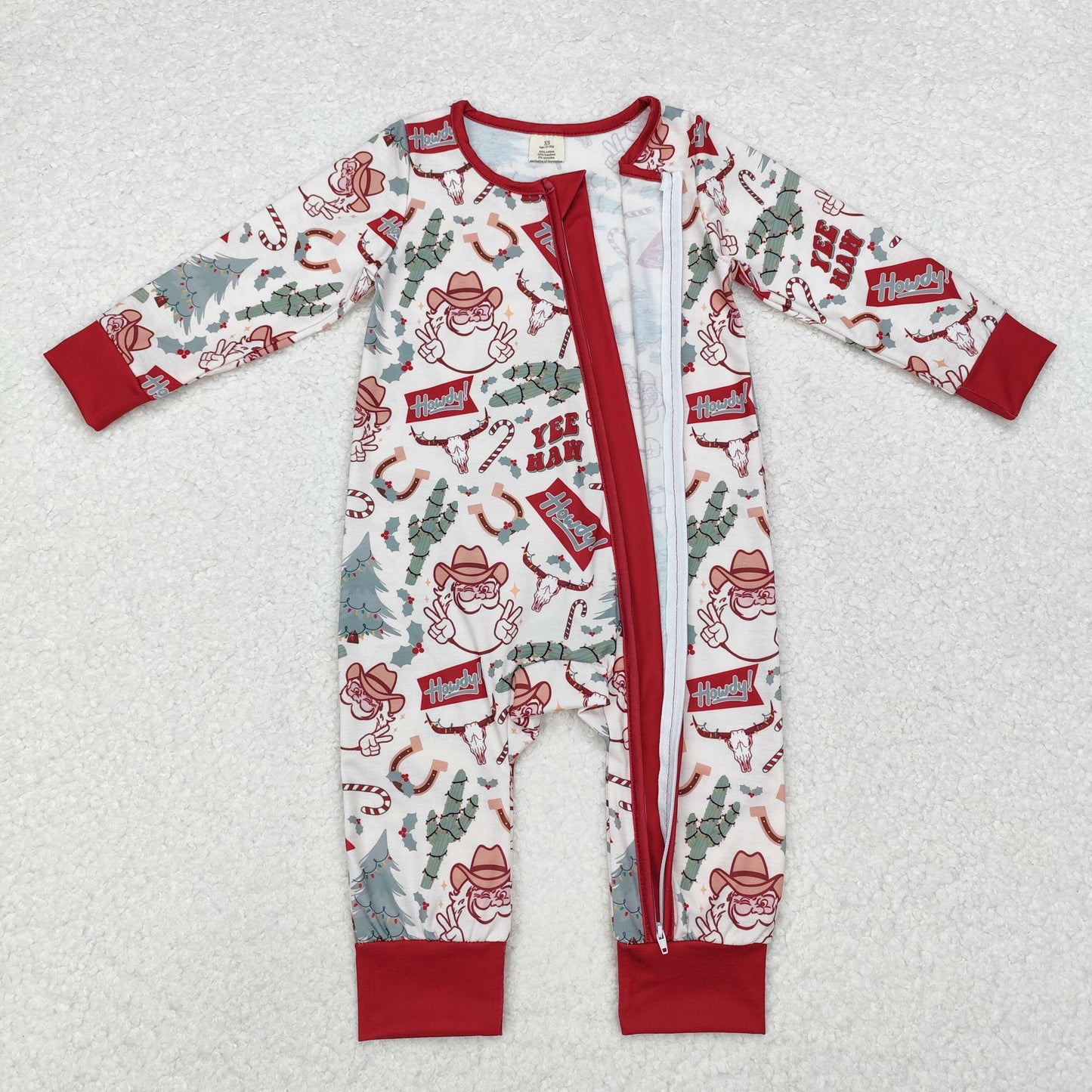 Baby Girl Long Sleeves Christmas Western Cactus Santa Zipper Bamboo Romper