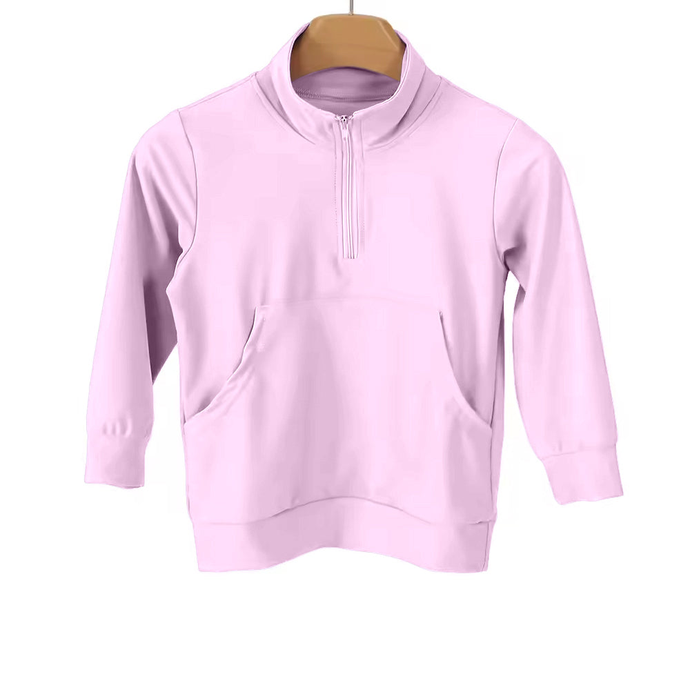 ( Moq 5 ) Preorder Baby Girls Kids Long Sleeves Pocket Zipper Yoga Pullover Pink Shirt
