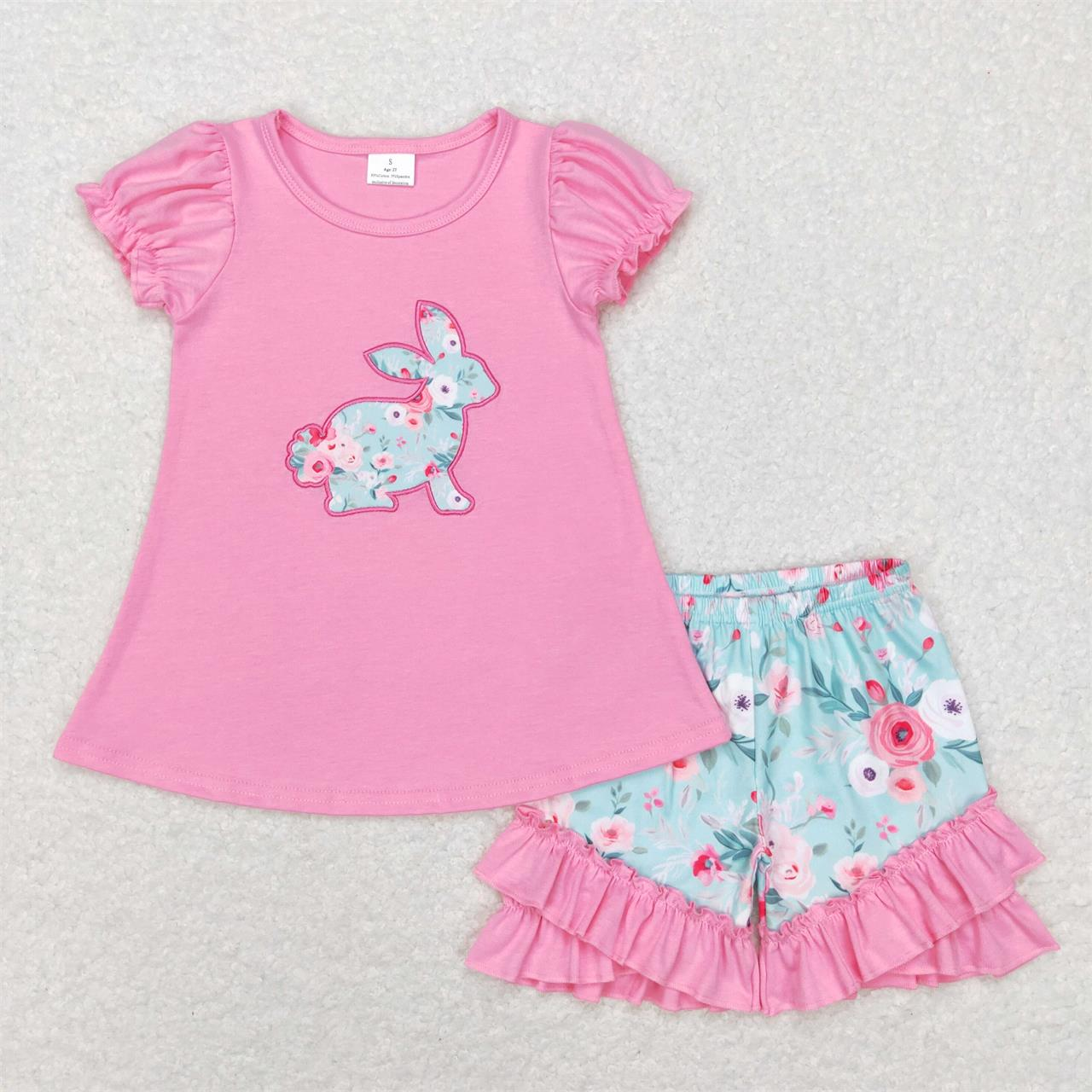 SR0573 Baby Girl Short Sleeves Embroidery Rabbit Floral Easter One Piece Romper