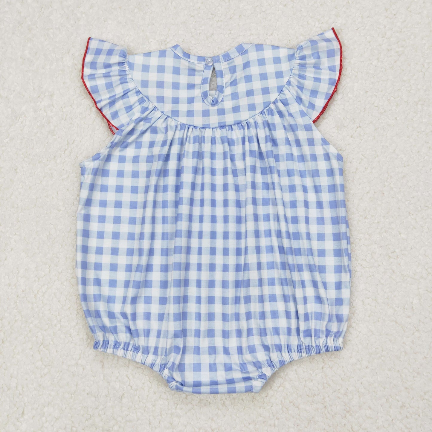 Baby Boy Infant July 4th Embroidery Flags Blue Checked Smocked Bubble Romper RTS