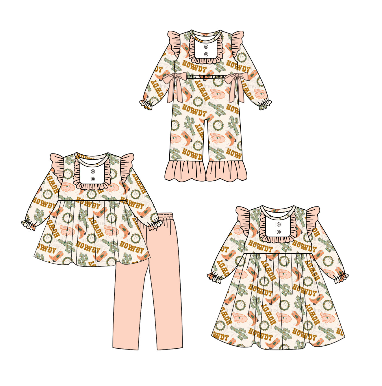 ( Moq 5 Each Style ) Baby Girl Toddler Western Cactus Boots Howdy Sibling Romper Dress Set