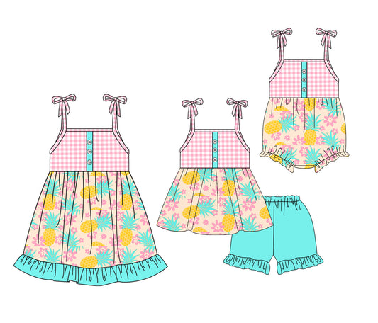 ( Moq 5 Each Style ) Baby Girl Straps Flower Plaid Sibling Romper Dress Set 3.27