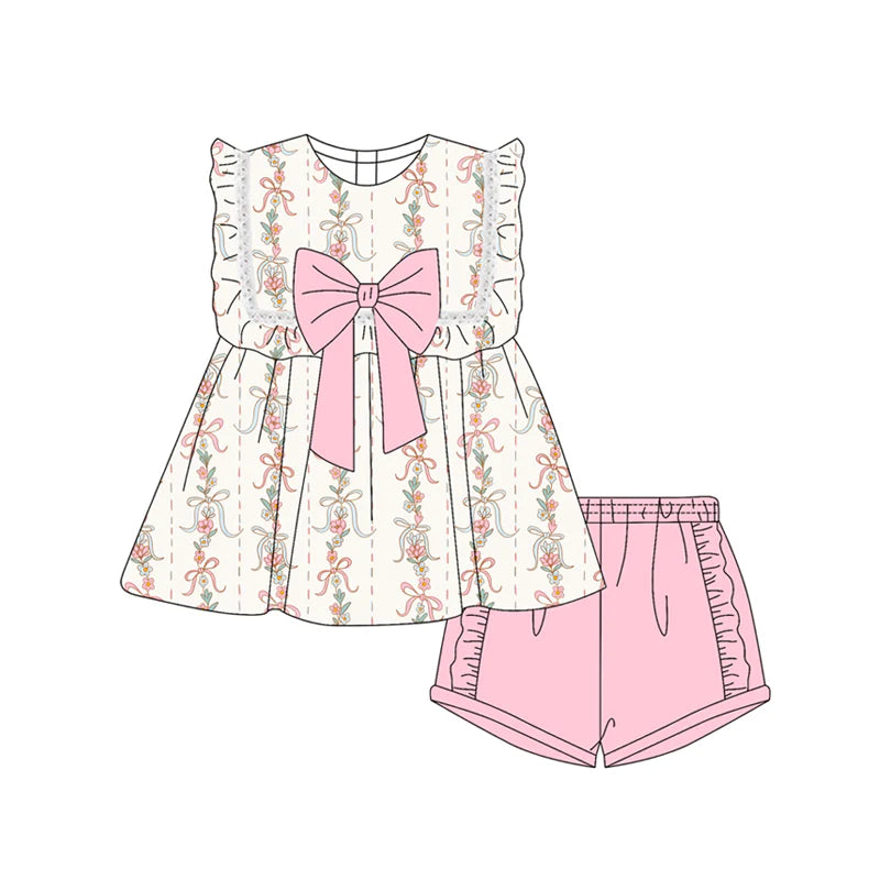 Baby Girl Sleeveless Bows Floral Stripe Tunic Pink Ruffle Shorts Set ( Moq 5 )