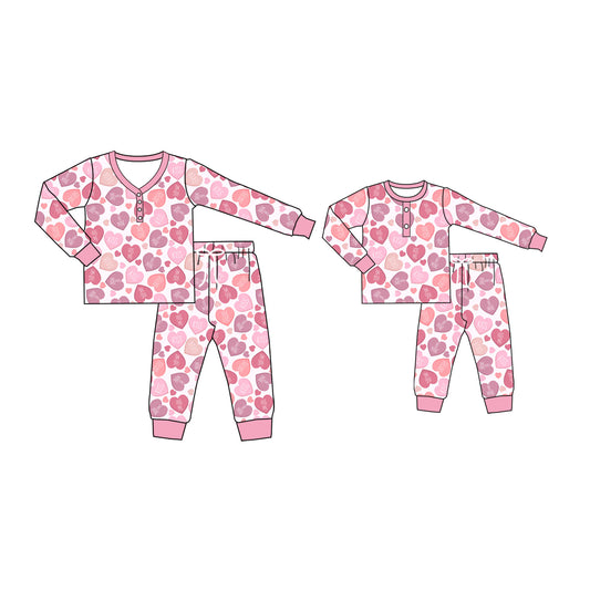 Baby Kids Toddler Toddler Adult Long Sleeves Hearts Pants Sibling Family Pajamas Set ( Moq 5 Each Style ) 12.2