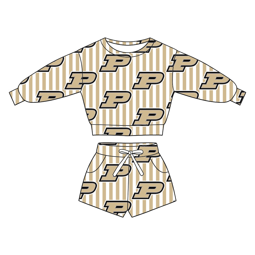 ( Moq 5 ) Baby Girls Kids Long Sleeves Shirt Pockets Shorts Team Set Clothes