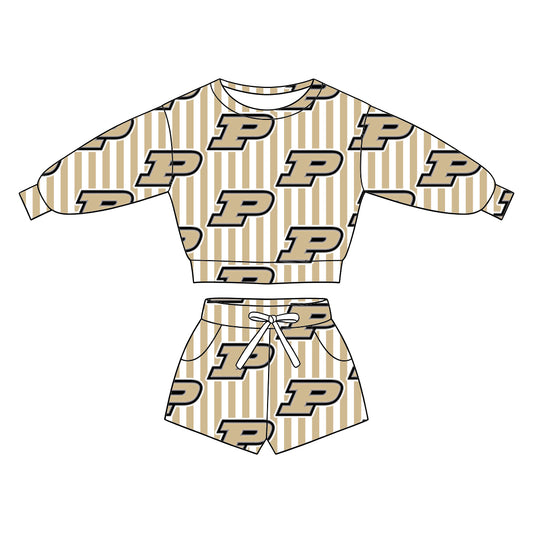 ( Moq 5 ) Baby Girls Kids Long Sleeves Shirt Pockets Shorts Team Set Clothes