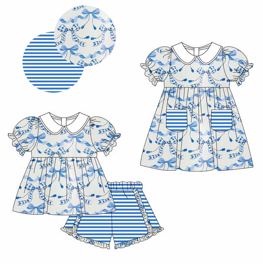 Baby Girl Short Sleeves Bows Stripes Sibling Dress Clothes Set ( Moq 5 Each Design )11.27