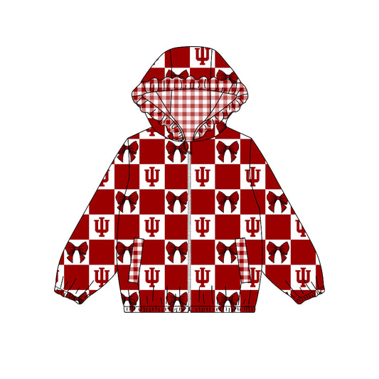 ( Moq 5 ) Custom Baby Girl Kids Pockets Zipper Hoodie Bows Team Jacket Coat Tops