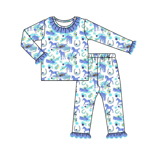 Baby Girl Long Sleeves Flower Horse Shirt Pants Western Set