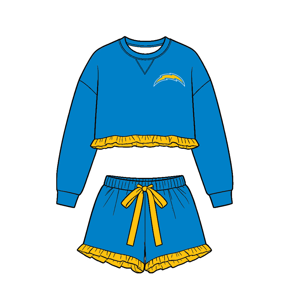 ( Moq 5 ) Baby Girls Kids Blue Long Sleeves Ruffle Shirt Shorts Team Set Clothes
