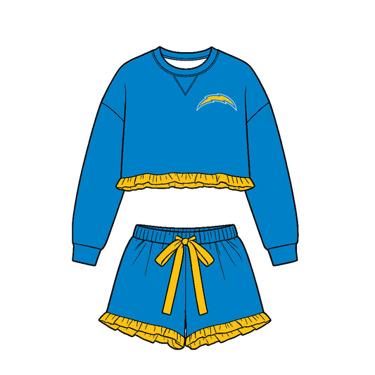 ( Moq 5 ) Baby Girls Kids Blue Long Sleeves Ruffle Shirt Shorts Team Set Clothes