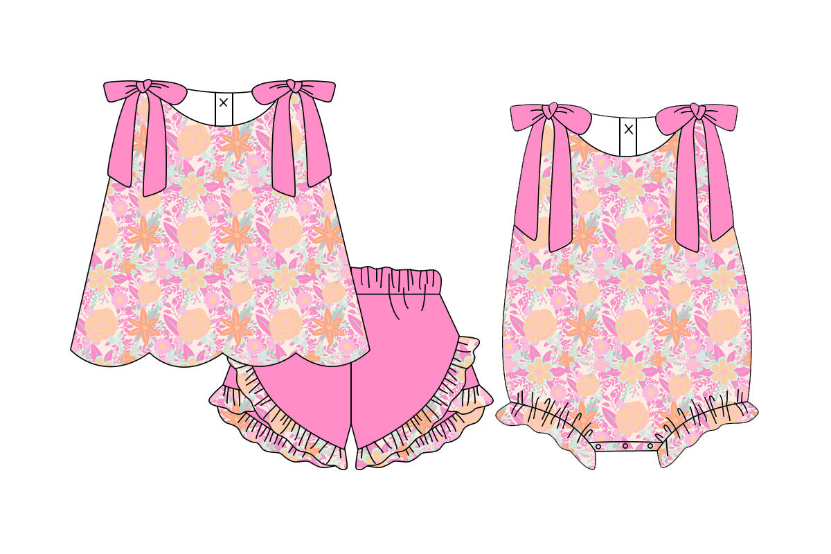( Moq 5 Each Style ) Sibling Baby Girls Kids Pink Bows Flower Tops Shorts Summer Set Romper