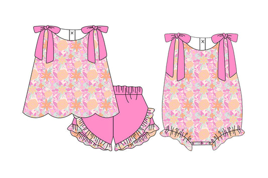 ( Moq 5 Each Style ) Sibling Baby Girls Kids Pink Bows Flower Tops Shorts Summer Set Romper