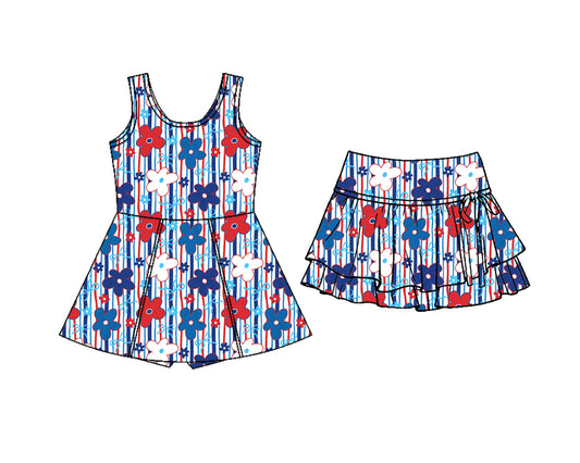 ( Moq 5 Each Style ) Baby Girls Kids Flower Bows Dress Ruffle Skort Sibling 4th of July Clothes