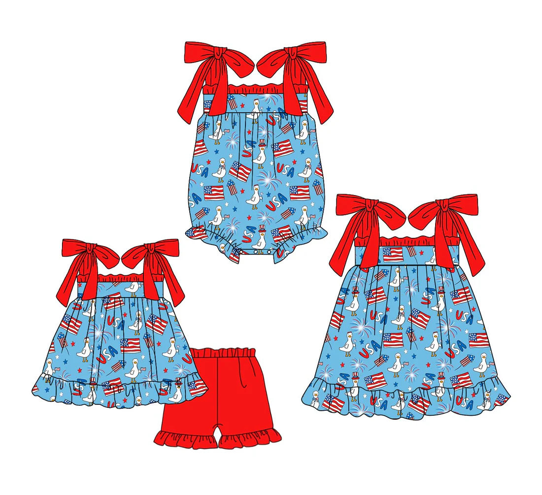 ( Moq 5 Each Style ) Baby Girls Kids Ducks Flags Stars Flags Sibling 4th of July Romper Dress Set