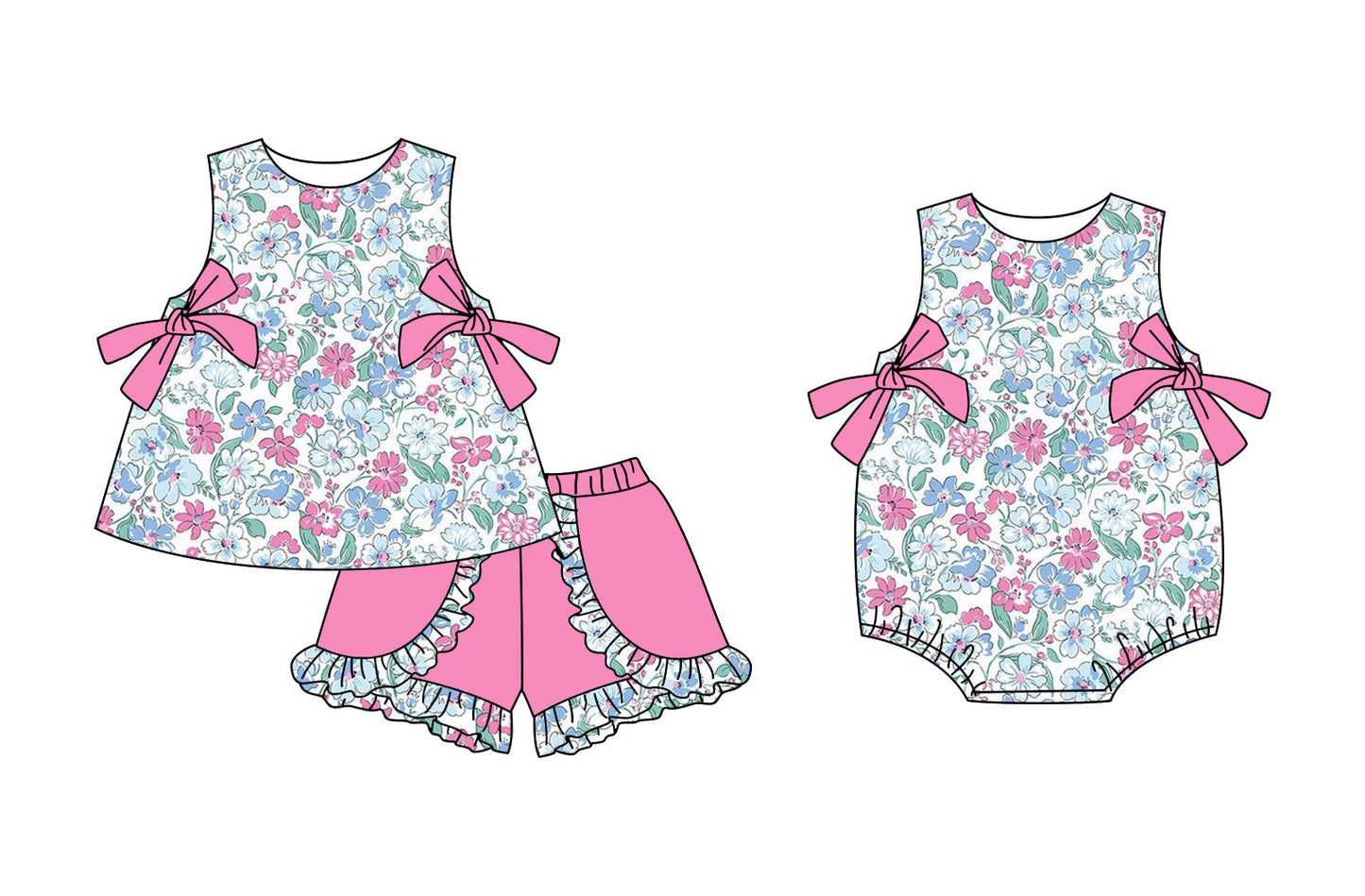 Baby Girl Flower Pink Bows Sibling Romper Set ( Moq 5 Each Style ) 3.3
