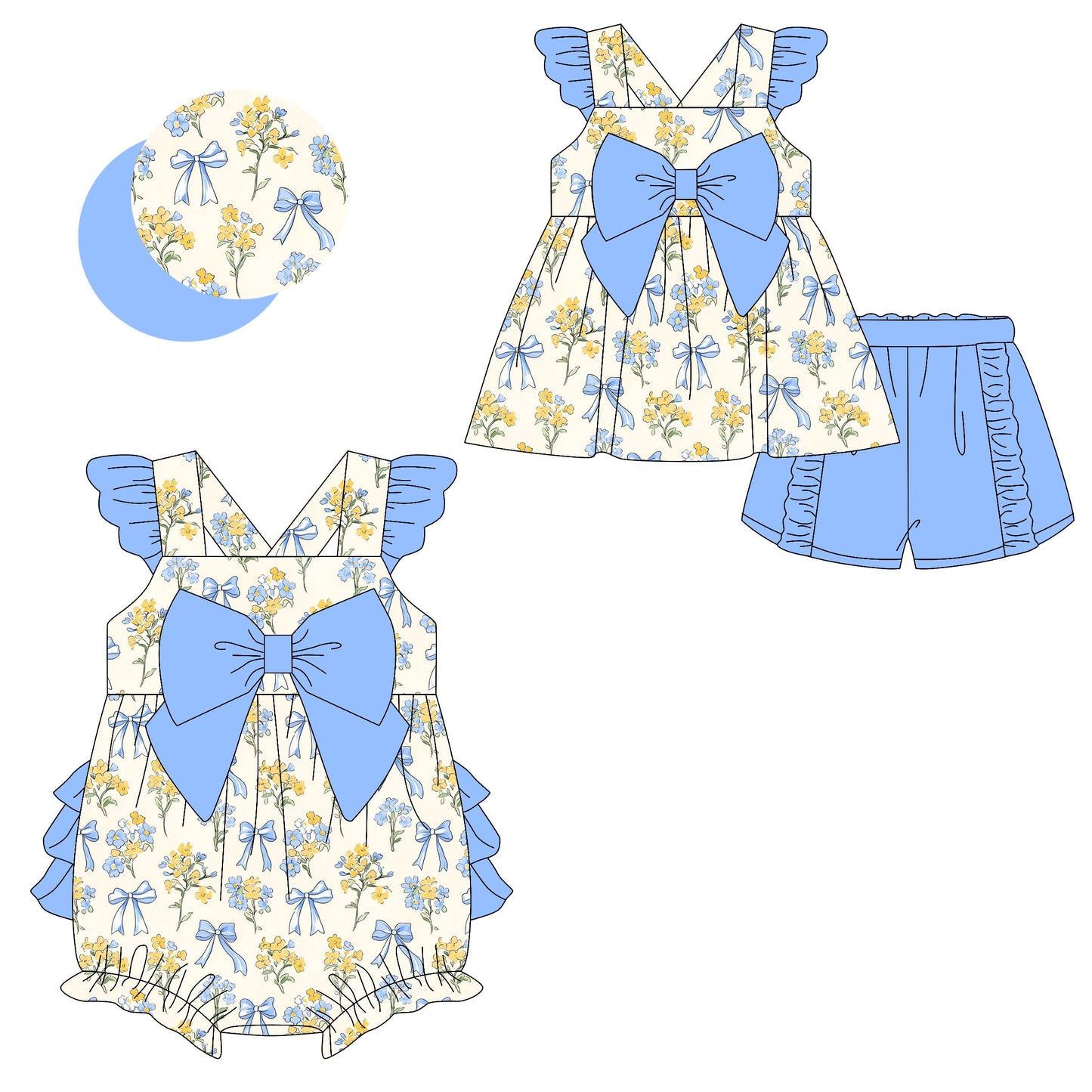 Baby Girl Blue Bows Flower Ruffle Sibling Romper Set ( Moq 5 Each Style ) 2.8