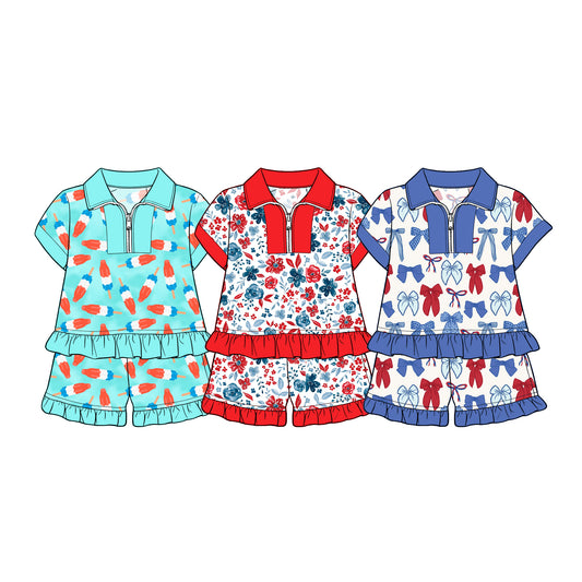 ( Moq 5 Each Style ) Sibling Baby Girls Kids Short Sleeves Zipper Shirt Shorts Sets 4th of July Clothes