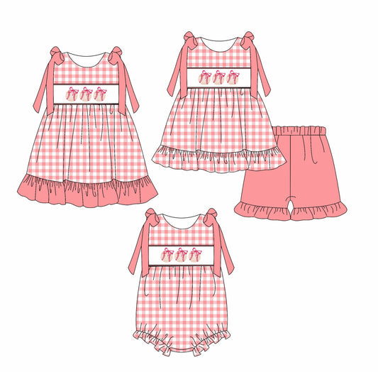 Baby Girl Baseball Bows Pink Checked Sibling Romper Dress Set ( Moq 5 Each Style ) 2.21