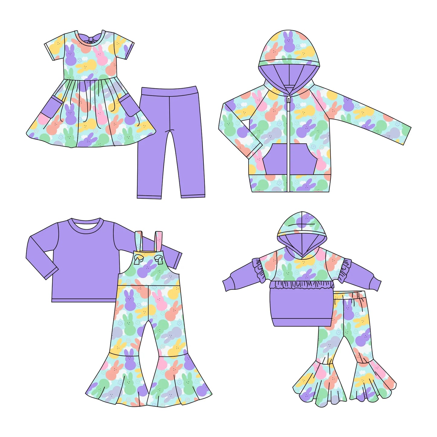 ( Moq 5 Each Style ) Baby Girls Kids Rabbits Easter Sibling Purple Hoodie Shirt Sets