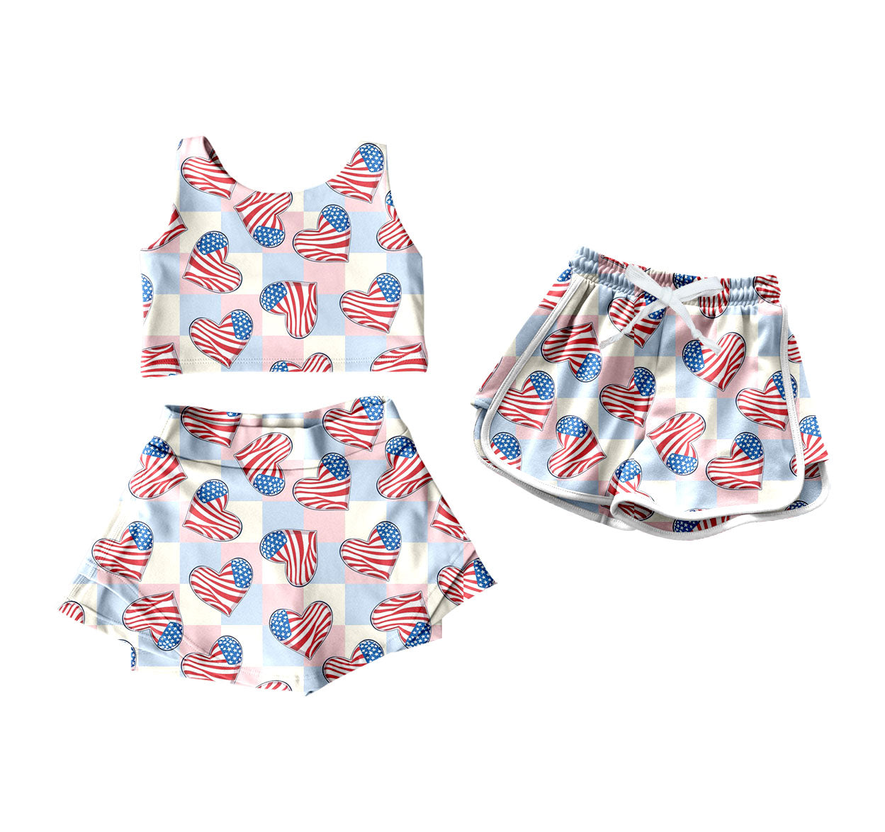 ( Moq 5 Each Style ) Baby Girl Sleeveless Flags Hearts 4th Of July Sibling Shorts Set 4.16