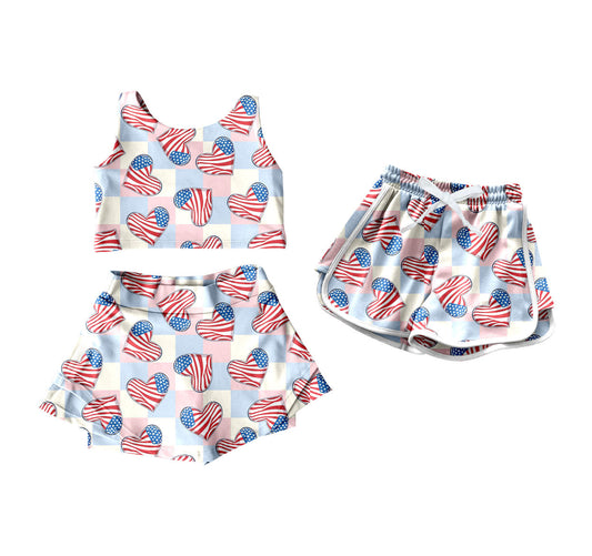 ( Moq 5 Each Style ) Baby Girl Sleeveless Flags Hearts 4th Of July Sibling Shorts Set 4.16