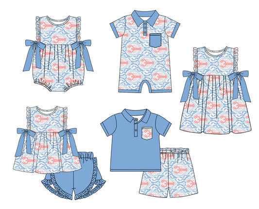 Baby Boy Girl Sibling Crawfish Summer Dress Romper Clothes Set ( Moq 5 Each style )11.23