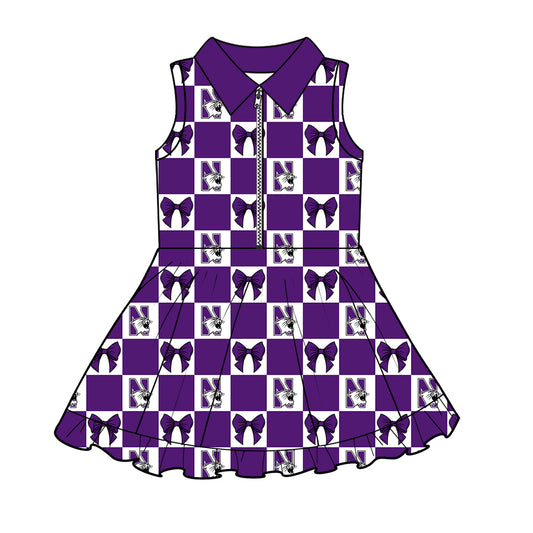 ( Moq 5 ) Baby Girls Kids Toddler Cats Bows Purple Plaid Team Zipper Shorts Knee Length Dress