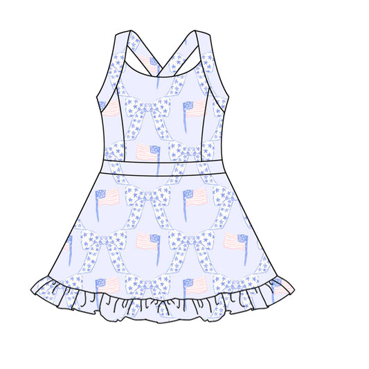 ( Moq 10 ) Baby Girl Straps Stars Bows Flags Activity Wear 4th Of July Yoga Knee Length Dress