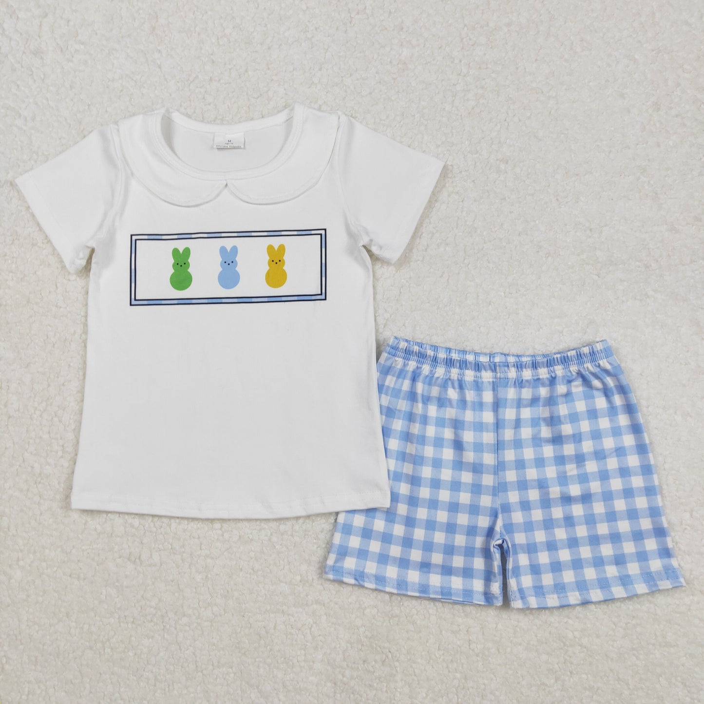 Preorder Baby Boy Short Sleeves Rabbits White Shirt Blue Plaid Shorts Easter Clothes Set RTS