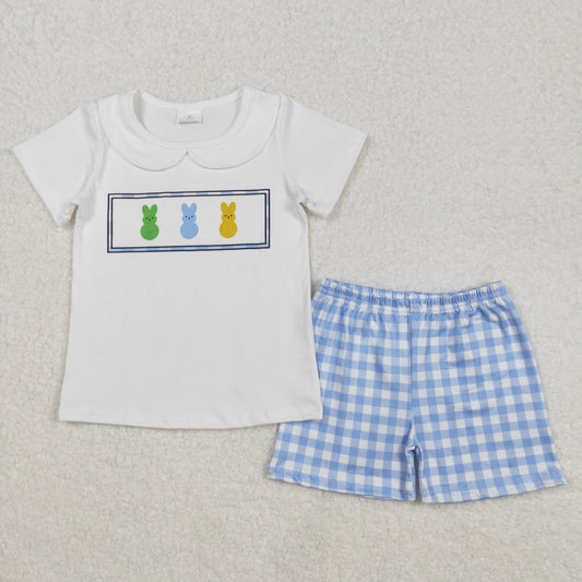 Preorder Baby Boy Short Sleeves Rabbits White Shirt Blue Plaid Shorts Easter Clothes Set RTS