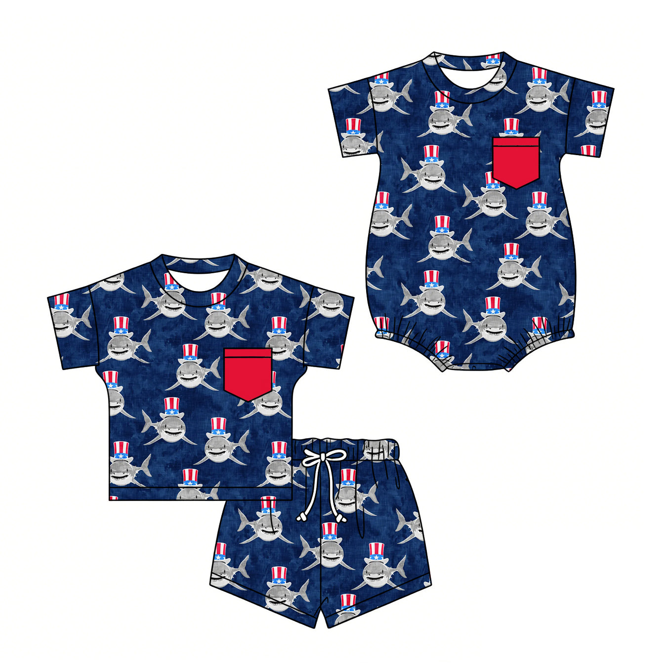 ( Moq 5 Each Style ) Sibling Baby Boys Kids Short Sleeves 4th of July Tops Shorts Set Romper