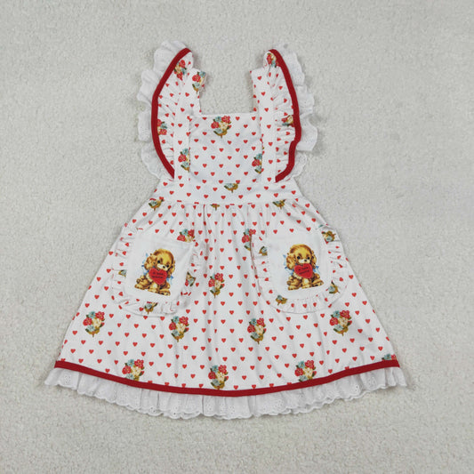 Baby Girls Hearts Flower Valentine Dogs Pockets Knee length Dress RTS